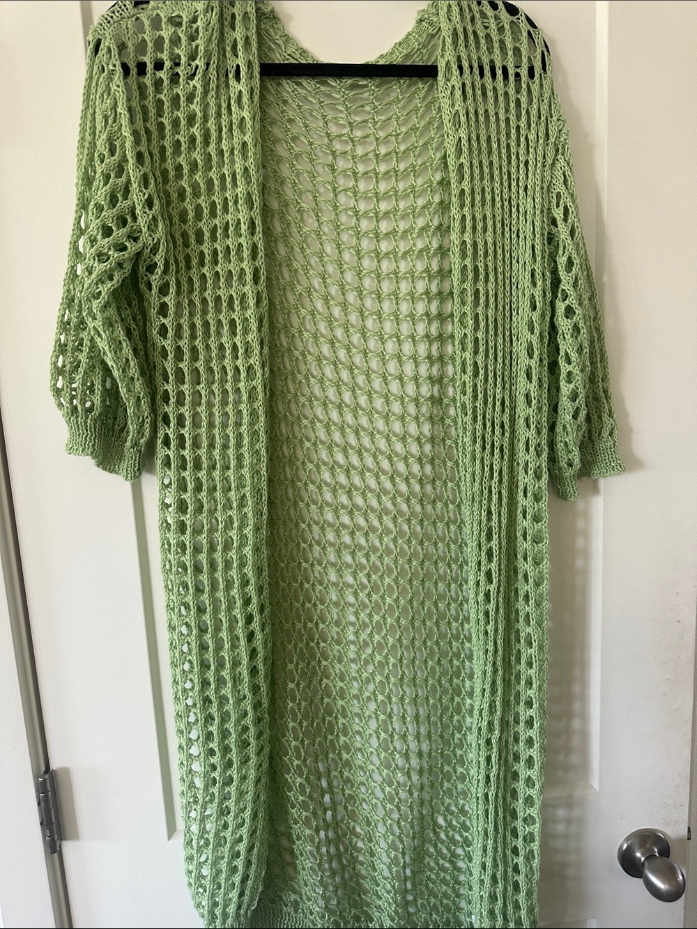 Light Green Open-Knit Long Cardigan 3/4 sleeve - Picture 3 of 3